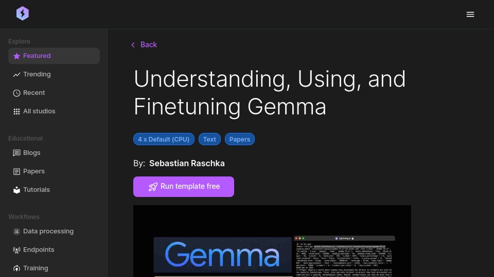 Screenshot of lightning.ai: Understanding, using, and finetuning Gemma