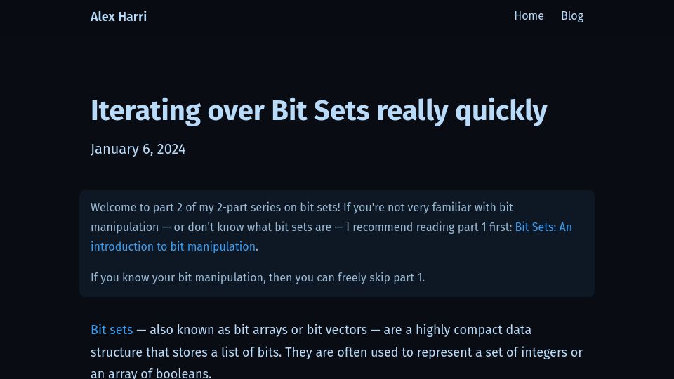 Screenshot of alexharri.com: Iterating over bit sets quickly