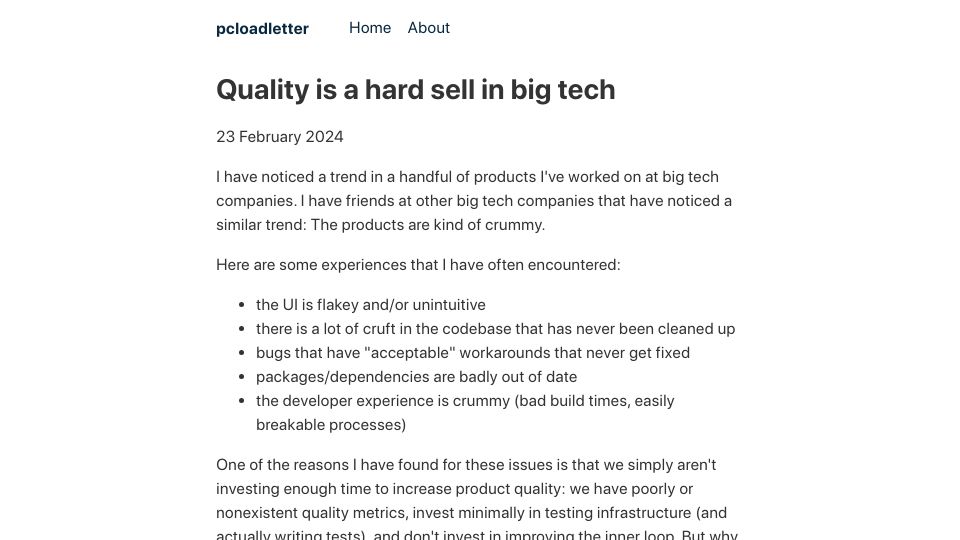 Screenshot of pcloadletter.dev: Quality is a hard sell in big tech