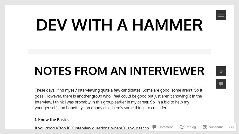 Screenshot of devwithahammer.wordpress.com: Notes from an Interviewer