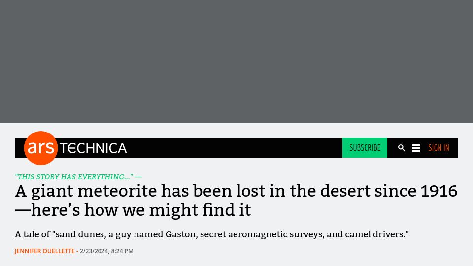 Screenshot of arstechnica.com: A giant meteorite has been lost in the desert since 1916