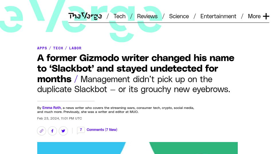 Screenshot of theverge.com: A former Gizmodo writer changed name to 'Slackbot', stayed undetected for months