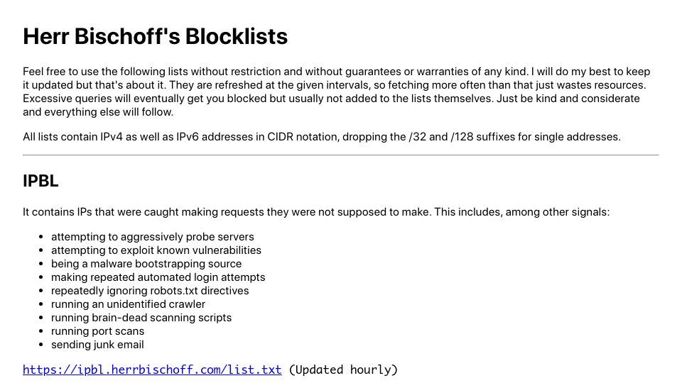 Screenshot of ipbl.herrbischoff.com: Herr Bischoff's Spam Blocklists