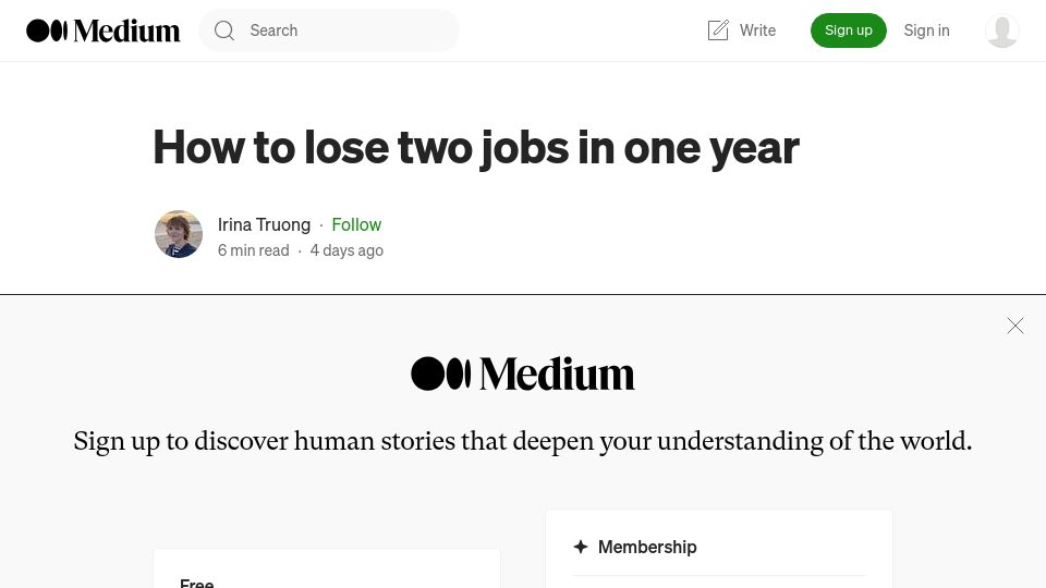Screenshot of jbennetcodes.medium.com: Losing two jobs in one year