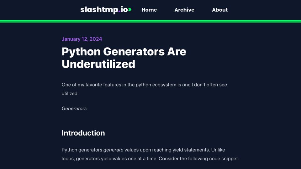 Screenshot of slashtmp.io: Python Generators Are Underutilized