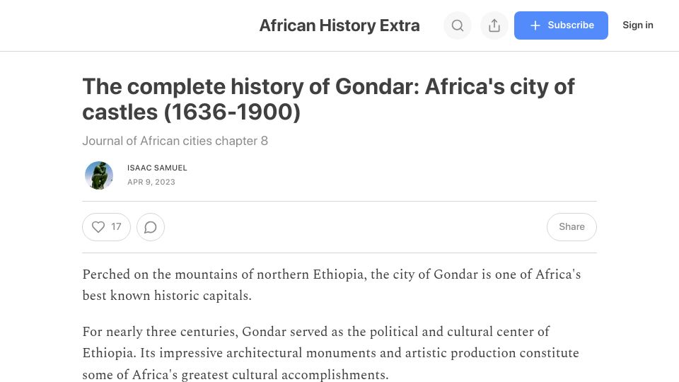 Screenshot of africanhistoryextra.com: The complete history of Gondar: Africa's city of castles (1636-1900)