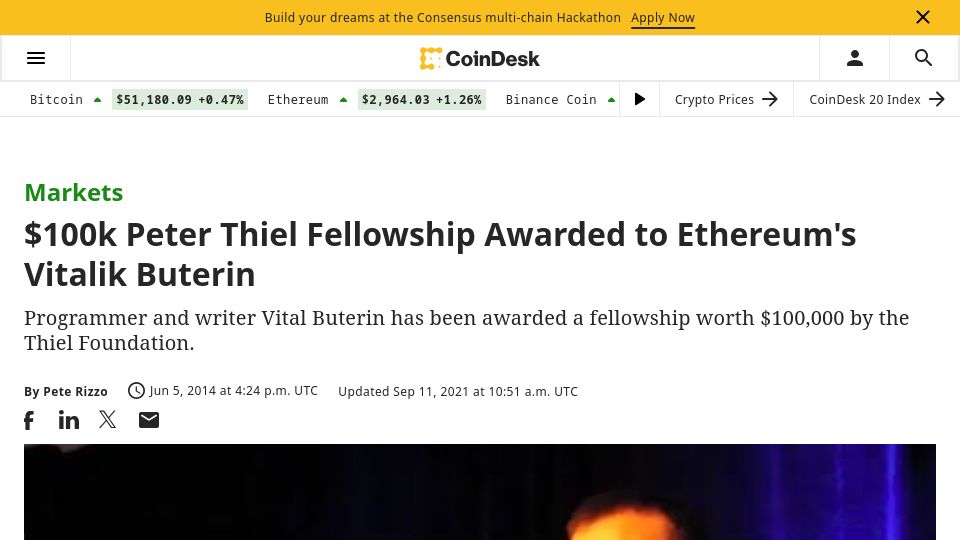 Screenshot of coindesk.com: $100k Peter Thiel Fellowship Awarded to Ethereum's Vitalik Buterin (2014)