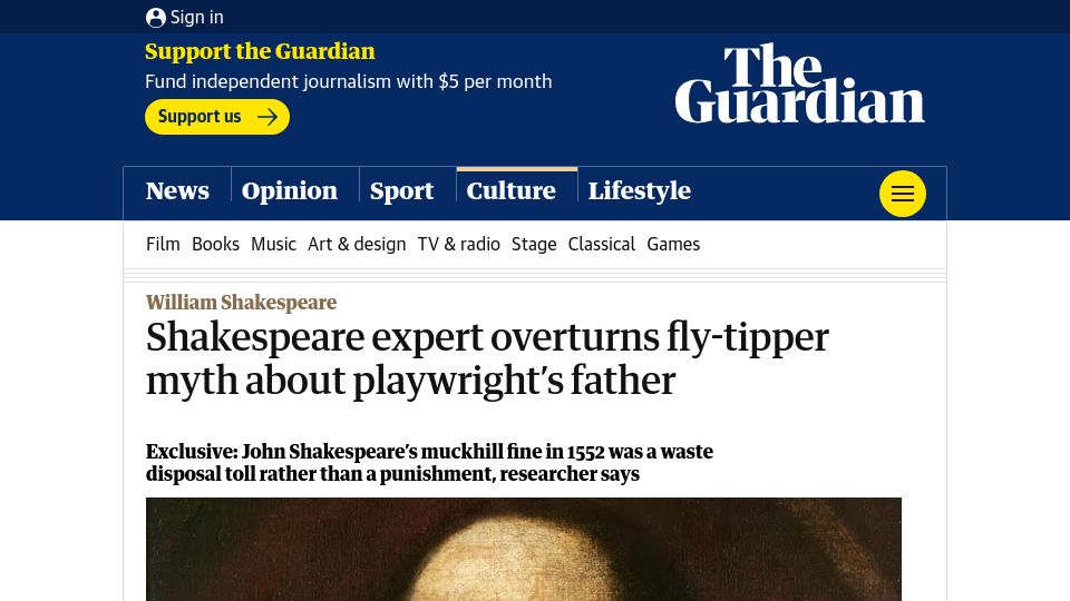 Screenshot of theguardian.com: Shakespeare expert overturns fly-tipper myth about playwright's father