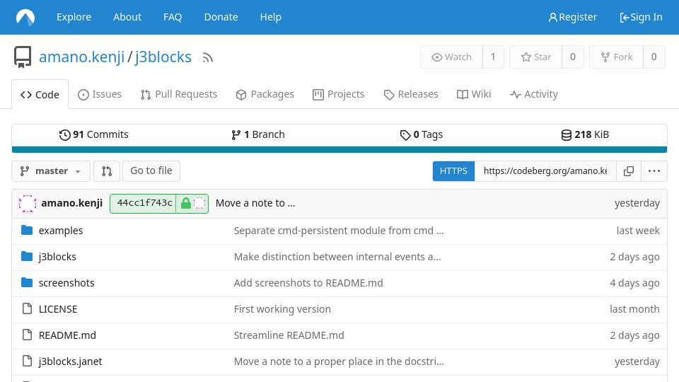 Screenshot of codeberg.org: J3blocks is a Janet scripting system for i3bar and swaybar