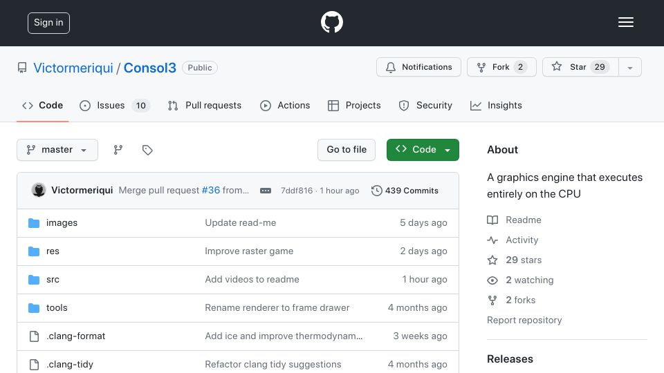 Screenshot of github.com: Show HN: Consol3 – A 3D engine for the terminal that executes on the CPU