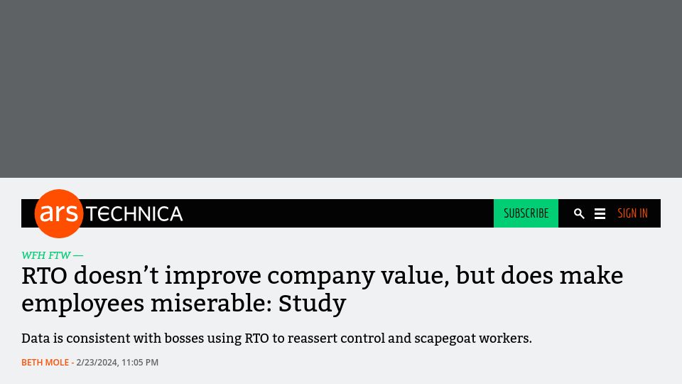 Screenshot of arstechnica.com: RTO doesn't improve company value, but does make employees miserable: Study