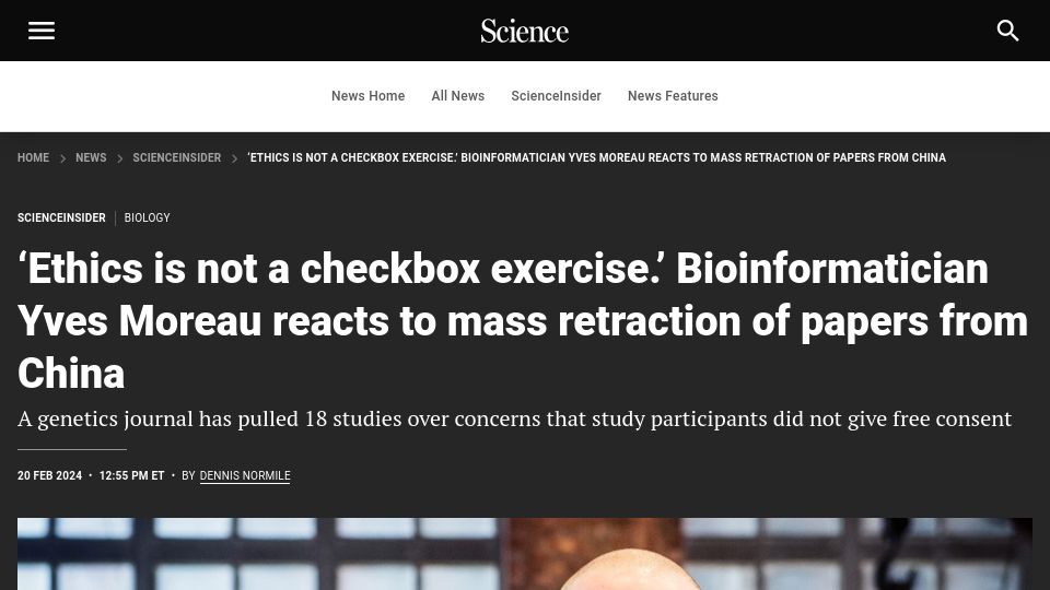 Screenshot of science.org: Mass Retraction of unethical Chinese Forensic Genetics Papers