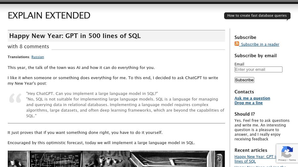 Screenshot of explainextended.com: GPT in 500 Lines of SQL