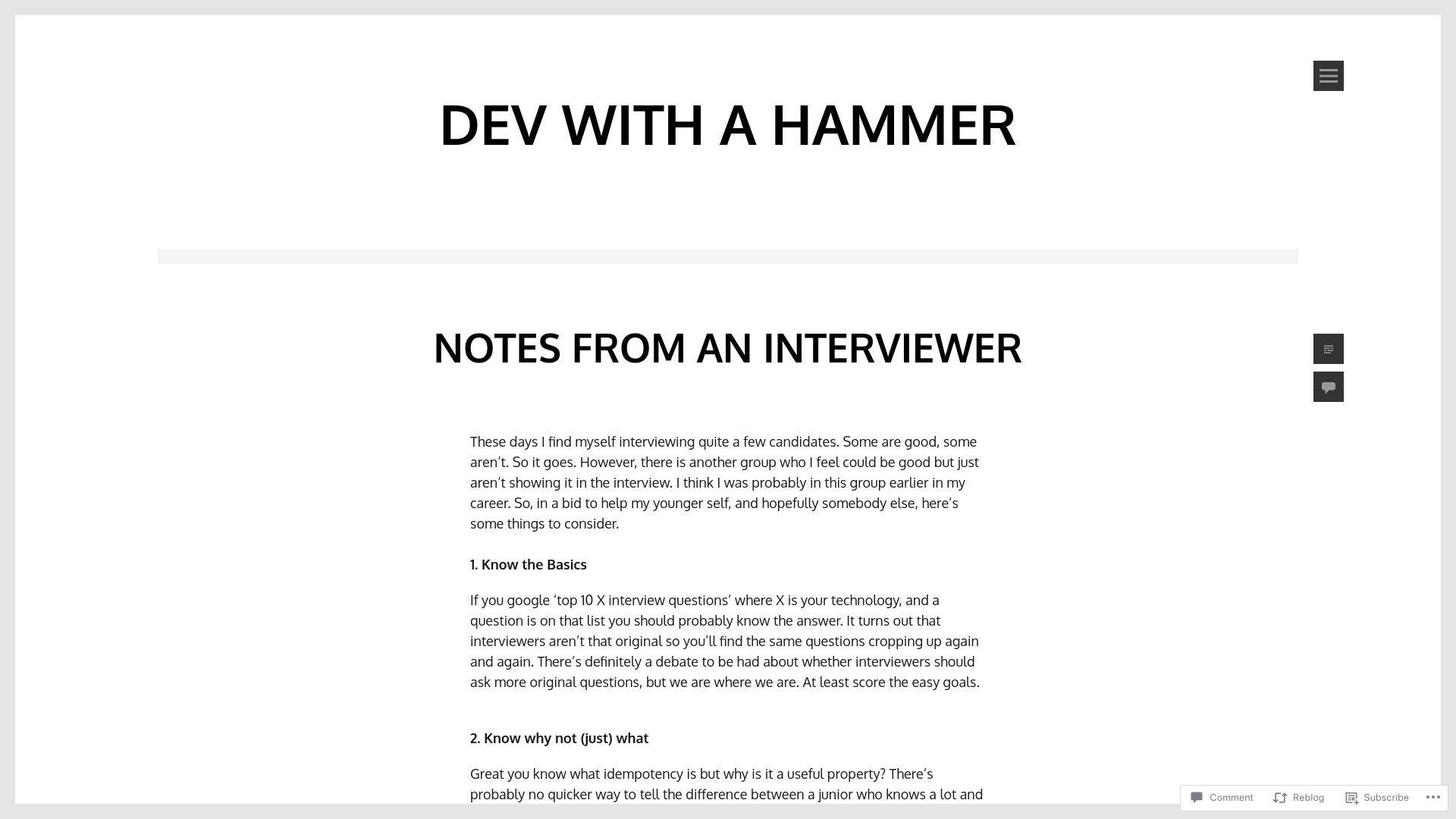 Screenshot of devwithahammer.wordpress.com: Notes from an Interviewer