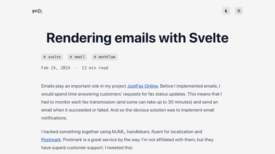 Screenshot of yieldcode.blog: Rendering Emails with SvelteKit