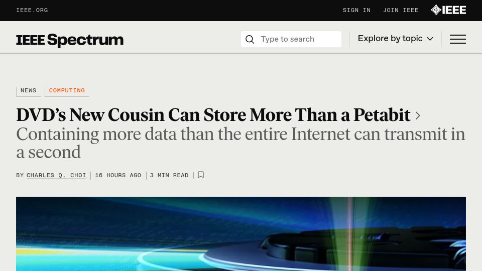 Screenshot of spectrum.ieee.org: DVD's New Cousin Can Store More Than a Petabit