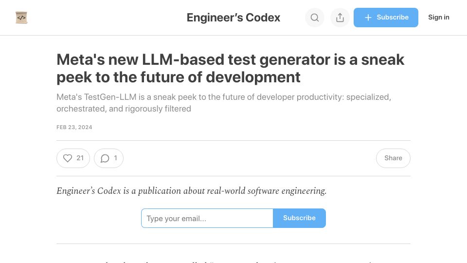 Screenshot of read.engineerscodex.com: Meta's new LLM-based test generator