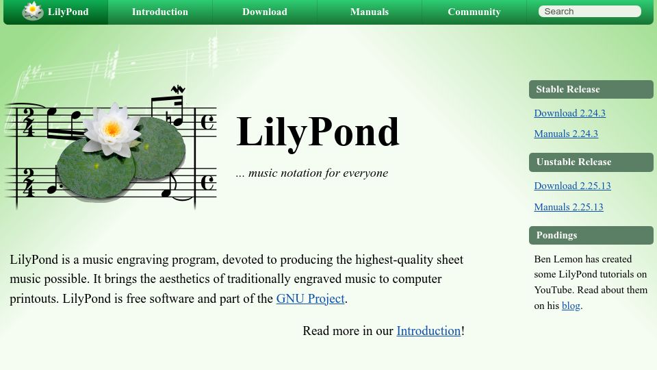 Screenshot of lilypond.org: LilyPond: Music notation for everyone