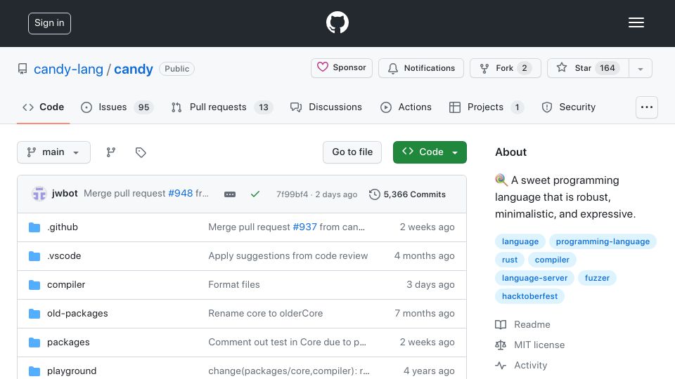 Screenshot of github.com: Candy – a minimalistic functional programming language