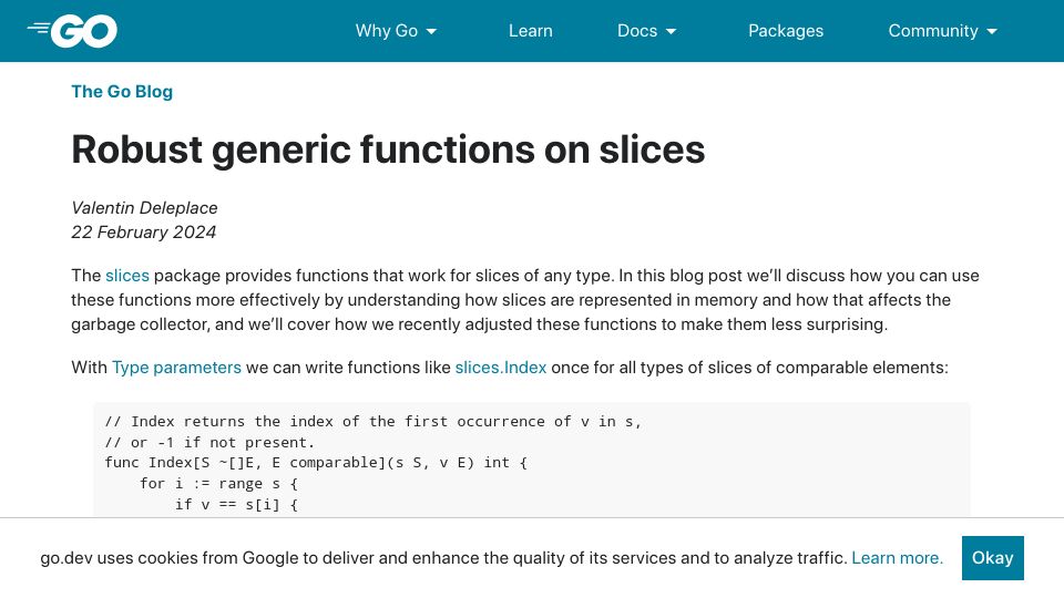 Screenshot of go.dev: Go(lang): Robust generic functions on slices
