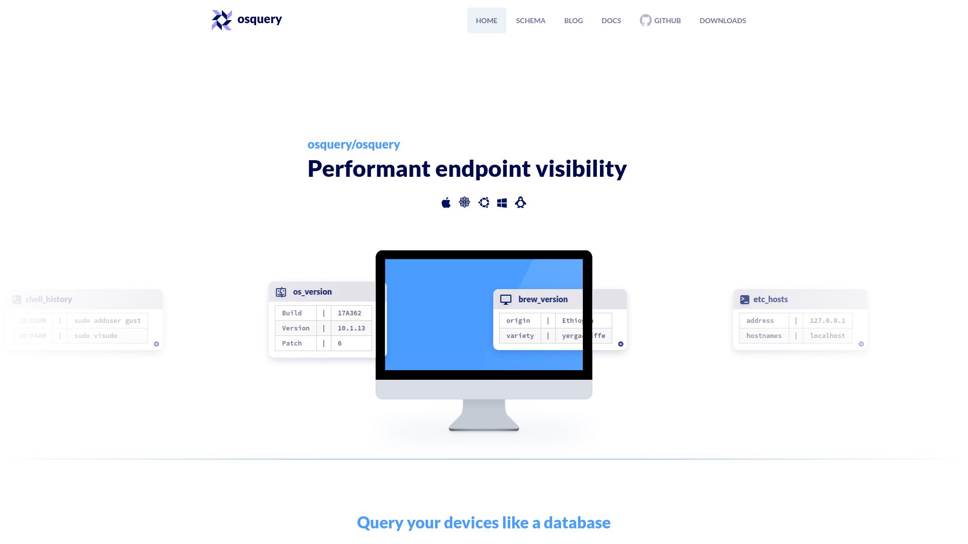 Screenshot of osquery.io: Osquery: An sqlite3 virtual table exposing operating system data to SQL