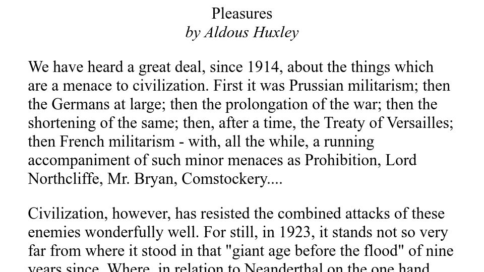 Screenshot of hackneybooks.co.uk: Pleasures by Aldous Huxley (1920)