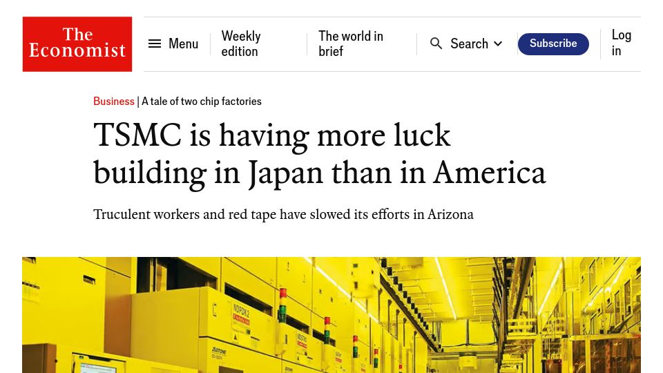 Screenshot of economist.com: TSMC is having more luck building in Japan than in America