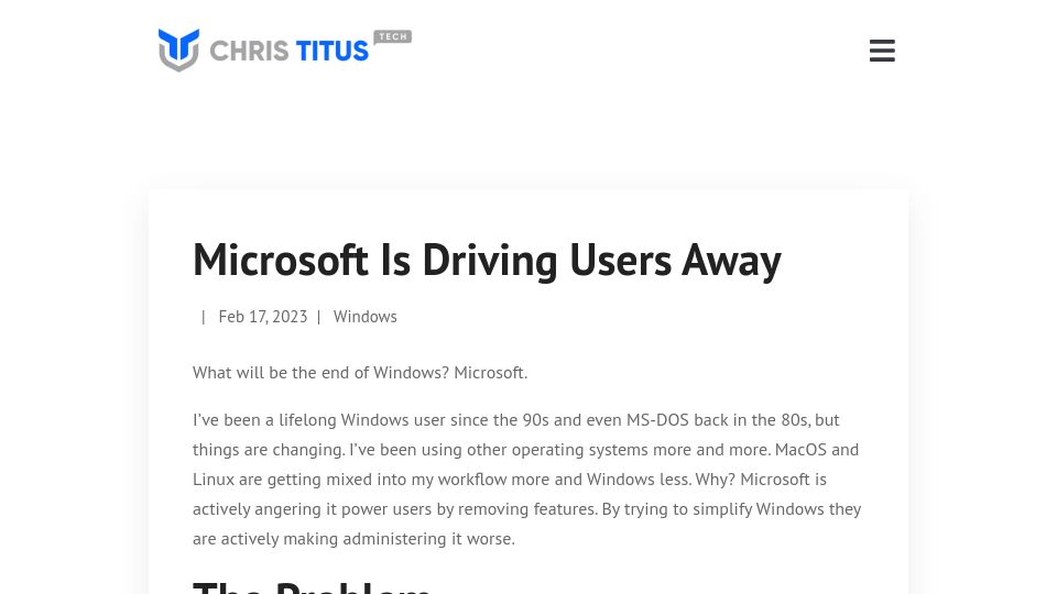 Screenshot of christitus.com: Microsoft Is Driving Users Away