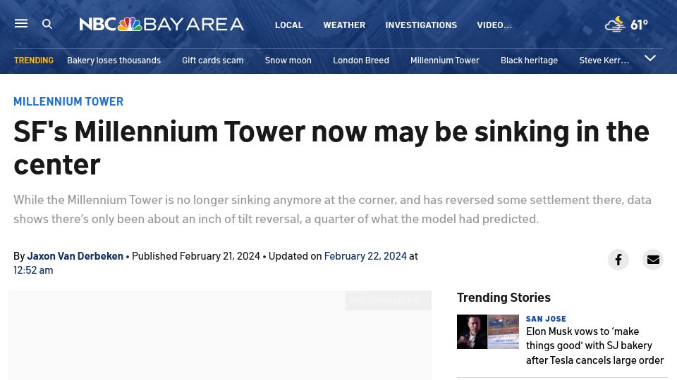 Screenshot of nbcbayarea.com: SF's Millennium Tower now may be sinking in the center