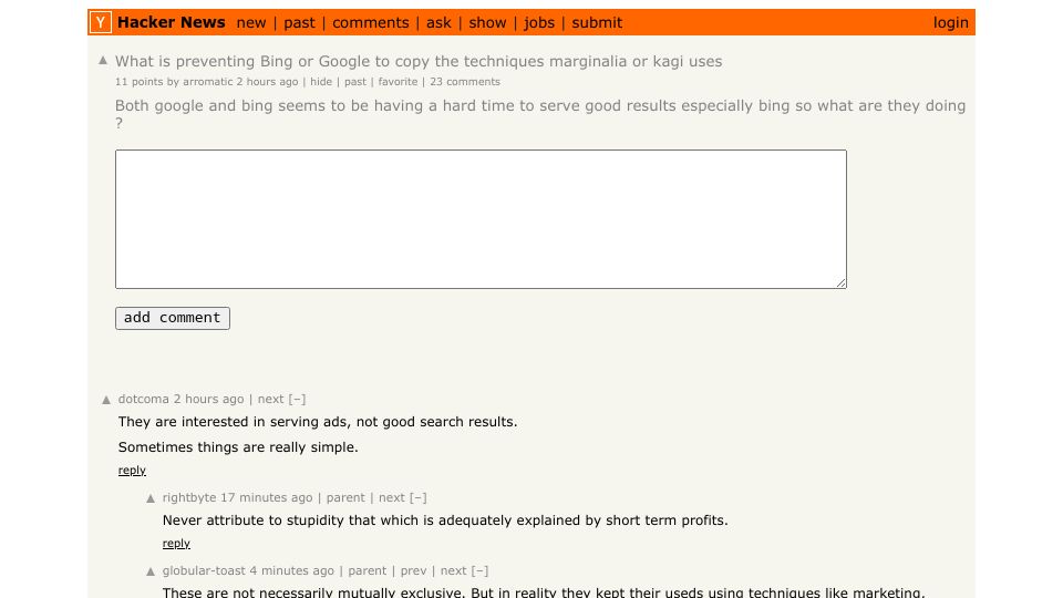 Screenshot of Hacker News post: What is preventing Bing or Google to copy the techniques marginalia or kagi uses