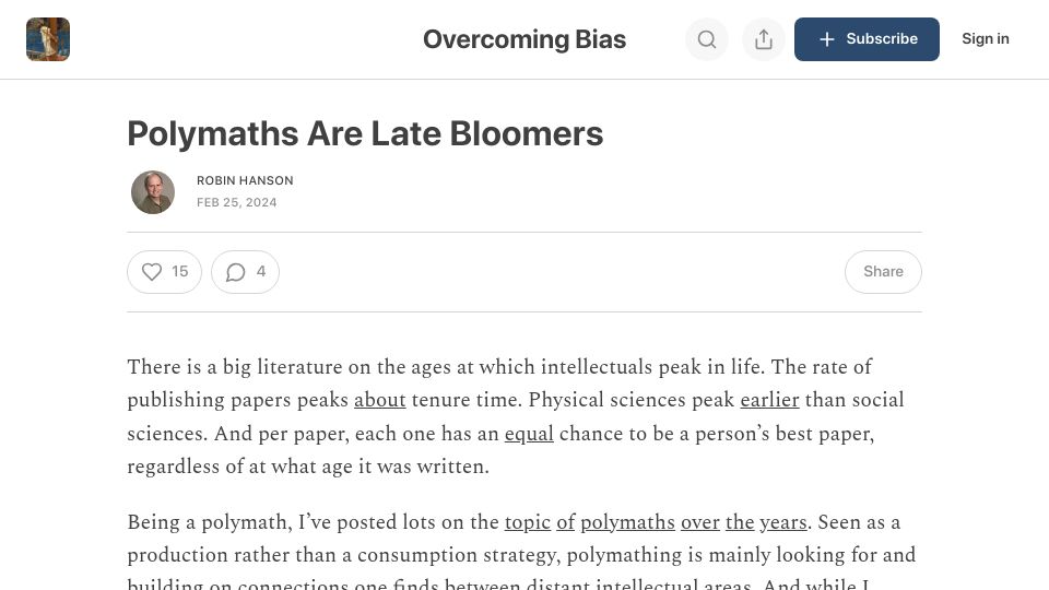 Screenshot of overcomingbias.com: Polymaths Are Late Bloomers