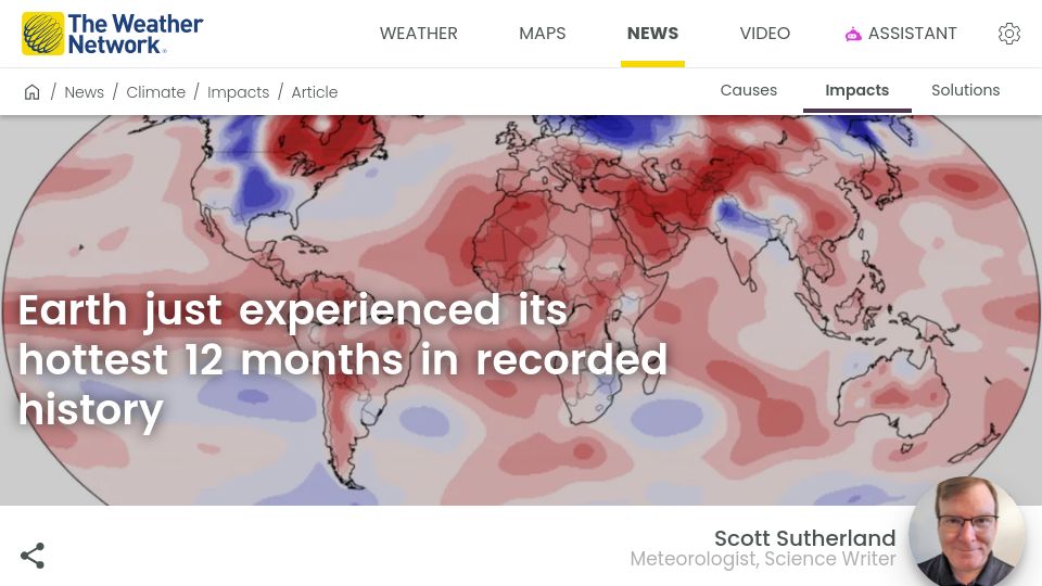 Screenshot of theweathernetwork.com: Earth just experienced its hottest 12 months in recorded history