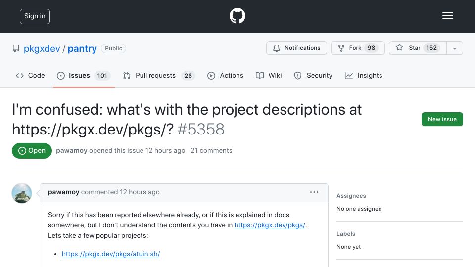 Screenshot of github.com: I'm confused: what's with the project descriptions at HTTPS://pkgx.dev/pkgs/?