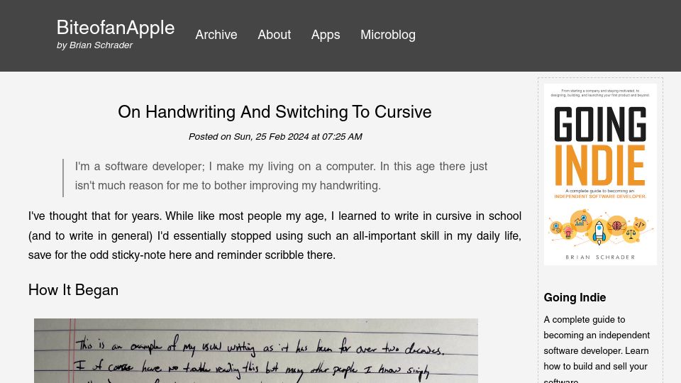 Screenshot of brianschrader.com: On Handwriting and Switching to Cursive