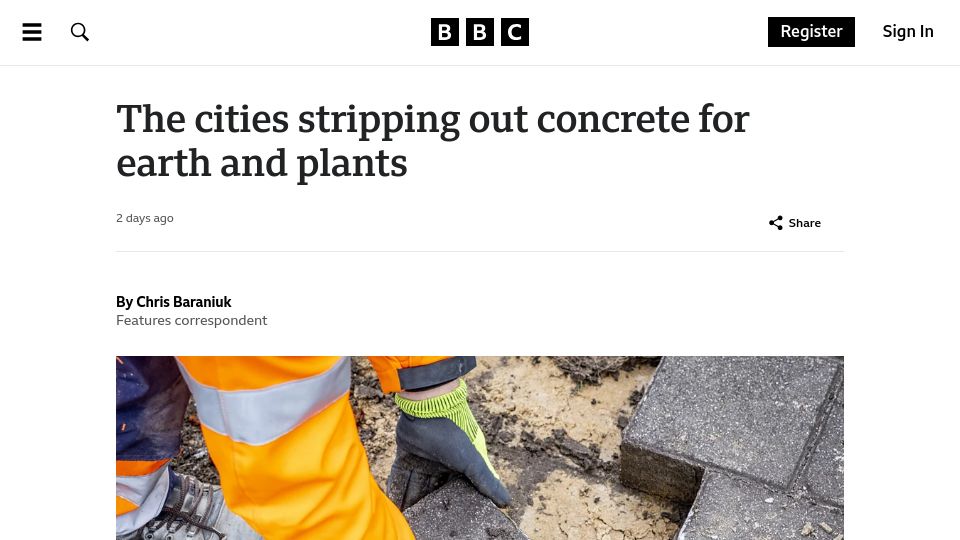 Screenshot of bbc.com: Cities stripping out concrete for earth and plants