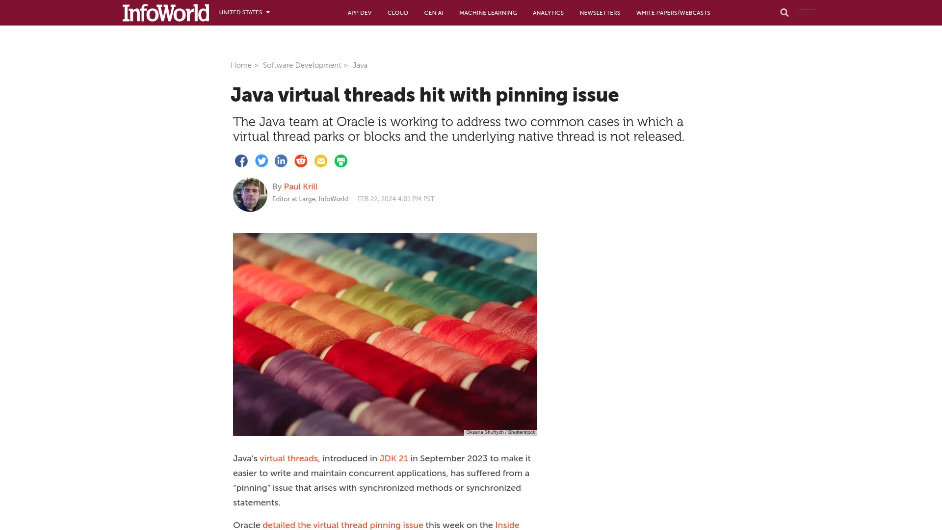 Screenshot of infoworld.com: Java virtual threads hit with pinning issue