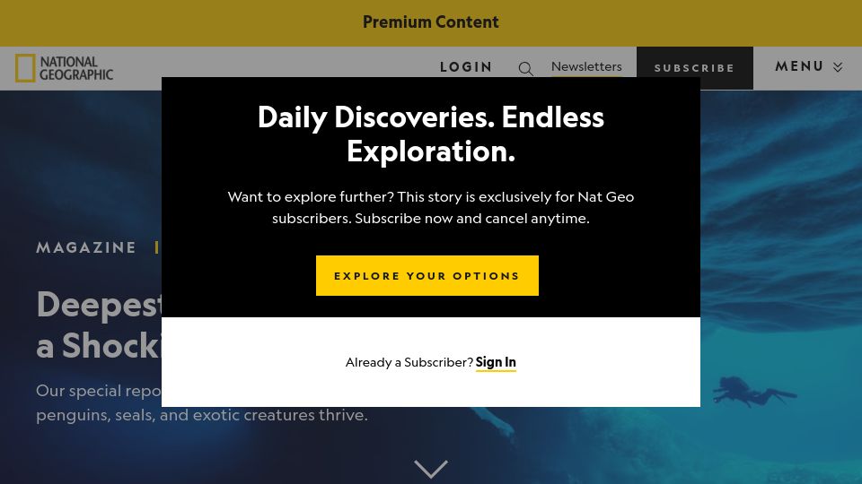 Screenshot of nationalgeographic.com: Deepest Dive Under Antarctica Reveals a Vibrant World