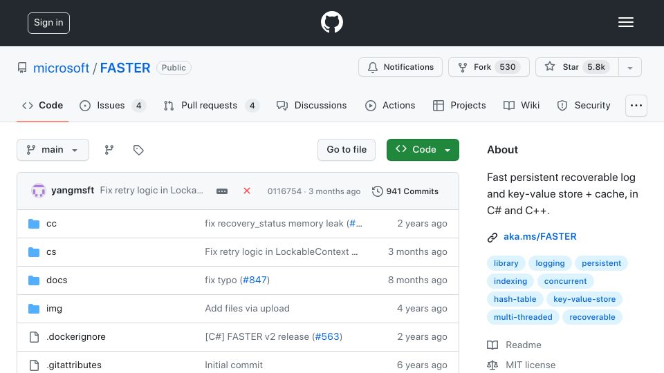 Screenshot of github.com: Faster: Fast persistent recoverable log and key-value store