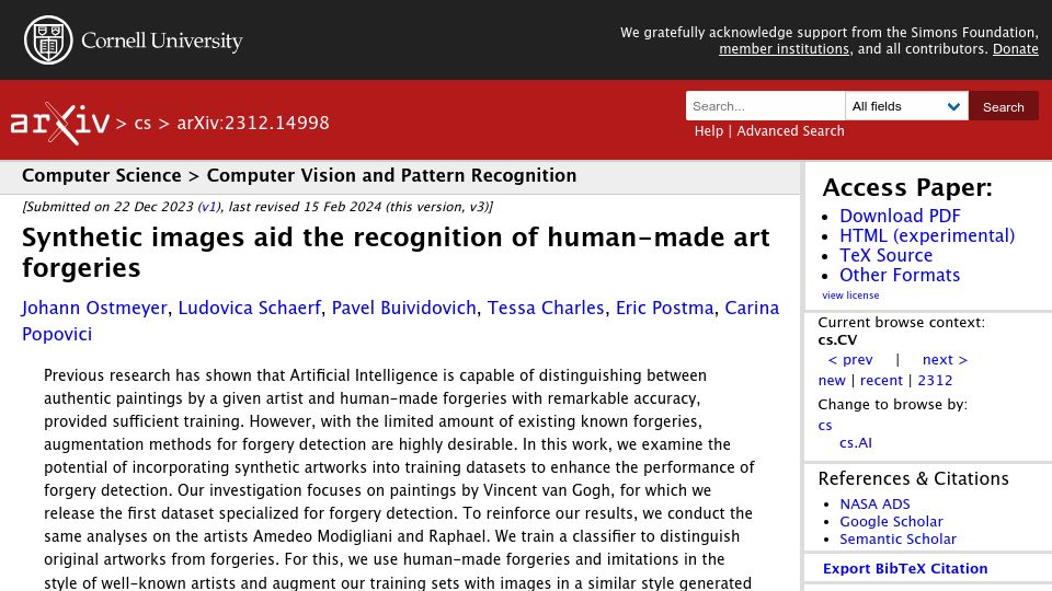 Screenshot of arxiv.org: Synthetic images aid the recognition of human-made art forgeries