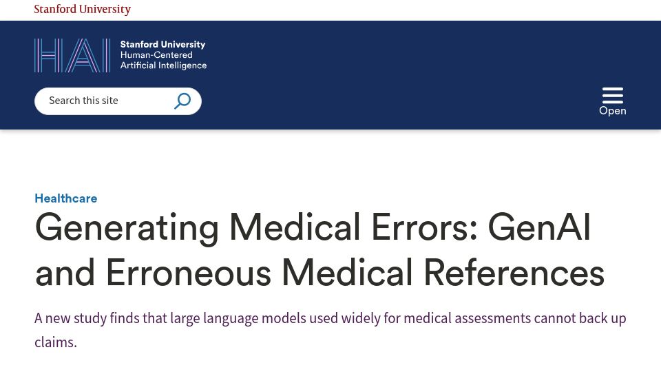 Screenshot of hai.stanford.edu: GenAI and erroneous medical references
