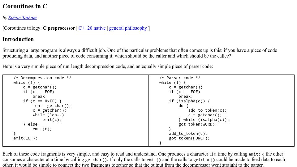 Screenshot of chiark.greenend.org.uk: Coroutines in C (2000)