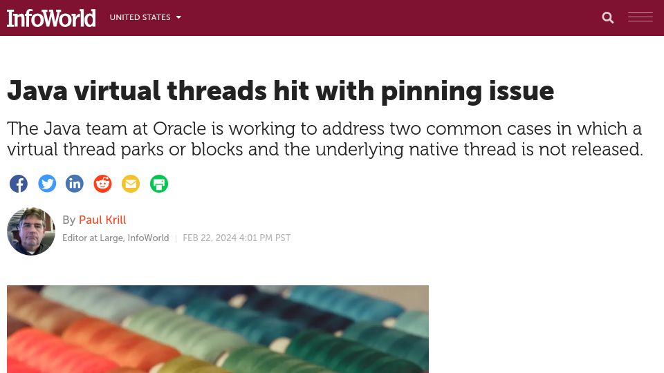 Screenshot of infoworld.com: Java virtual threads hit with pinning issue
