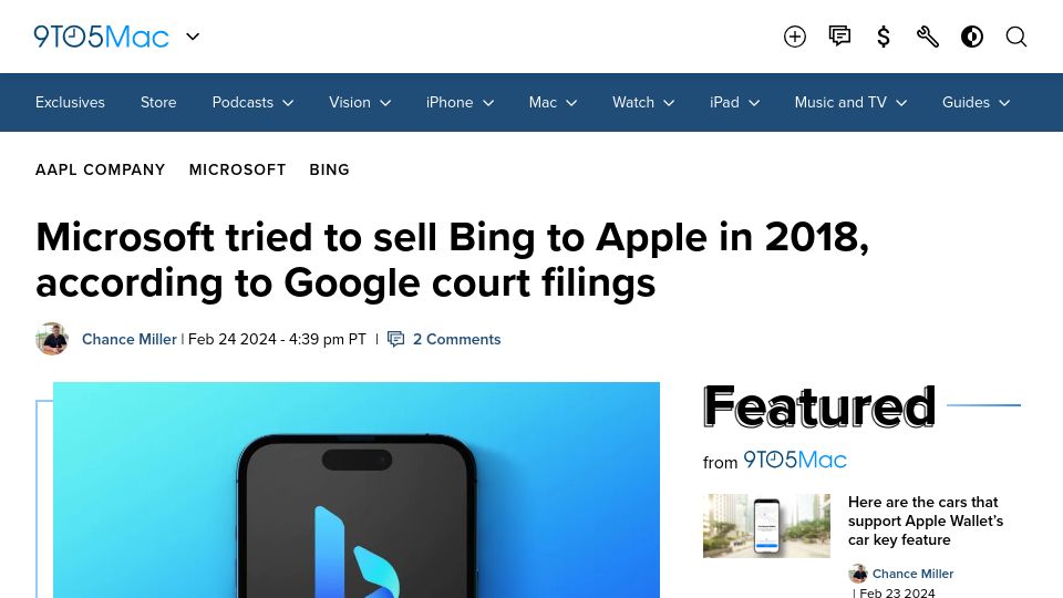 Screenshot of 9to5mac.com: Microsoft tried to sell Bing to Apple in 2018, according to Google court filings