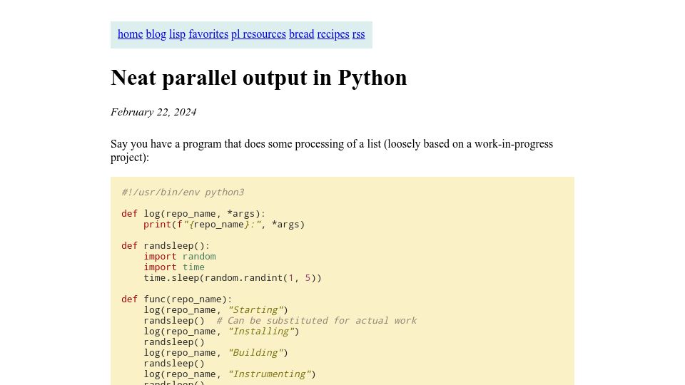 Screenshot of bernsteinbear.com: Neat Parallel Output in Python