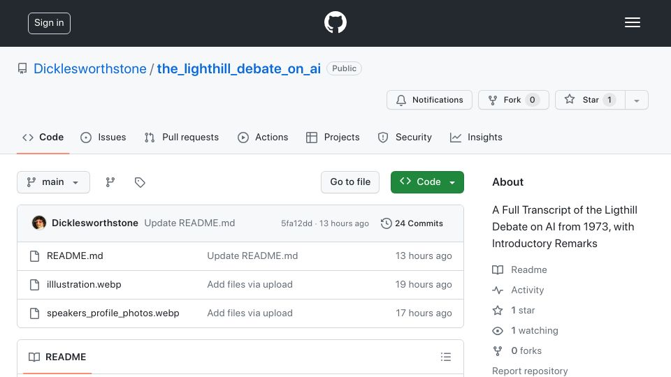 Screenshot of github.com: The Lighthill Debate on AI from 1973: An Introduction and Transcript