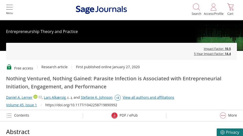 Screenshot of journals.sagepub.com: Parasite infection is associated with entrepreneurship (2020)