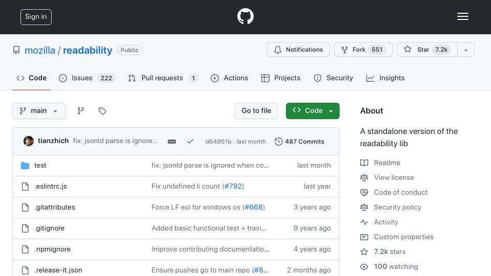 Screenshot of github.com: Readability.js