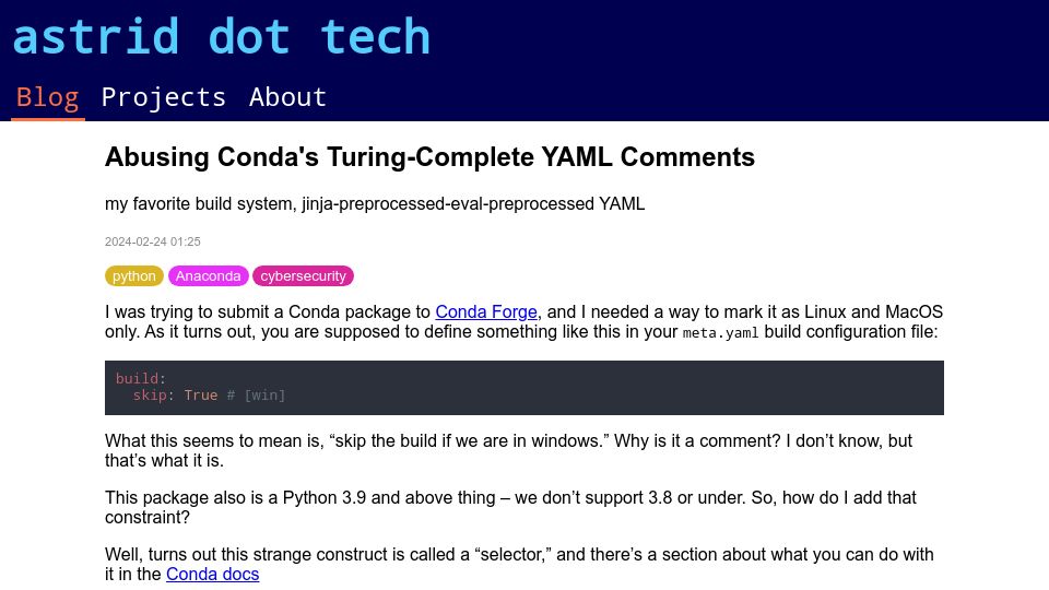 Screenshot of astrid.tech: Abusing Conda's Turing-Complete YAML Comments