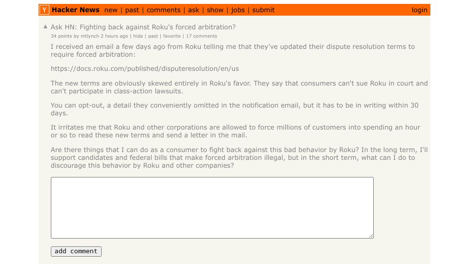 Screenshot of Hacker News post: Ask HN: Fighting back against Roku's forced arbitration?