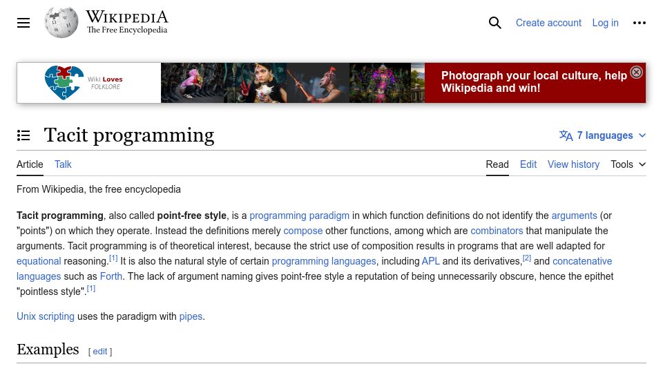 Screenshot of en.wikipedia.org: Tacit programming
